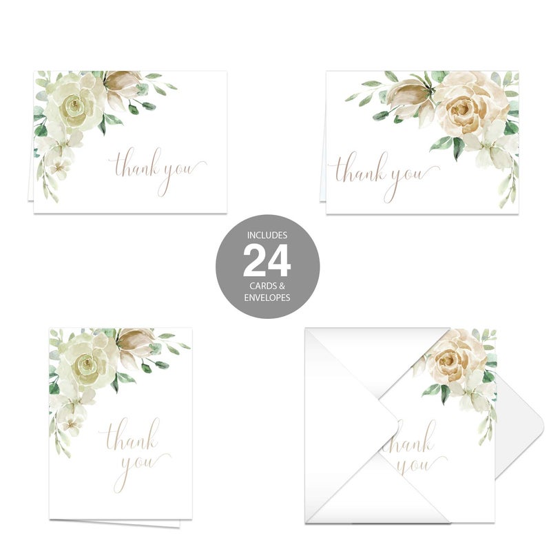 Canopy Street Cream Floral Thank You Notes / 24 Cards With White Envelopes Set/Elegant Watercolor Thanks Gratitude Card Designs / 3 1/2" x 4 7/8" Appreciation Note Cards - Image 1